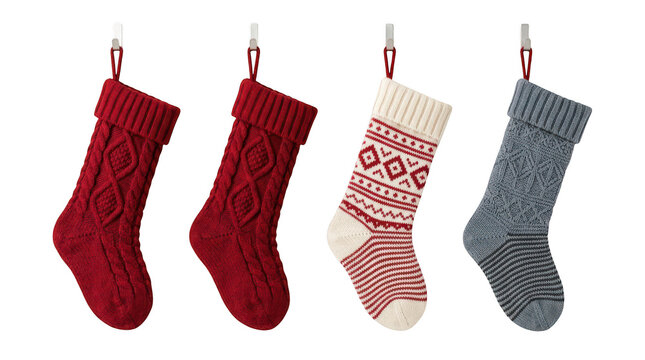 Four hanging christmas stockings with various knitted patterns isolated on transparent background