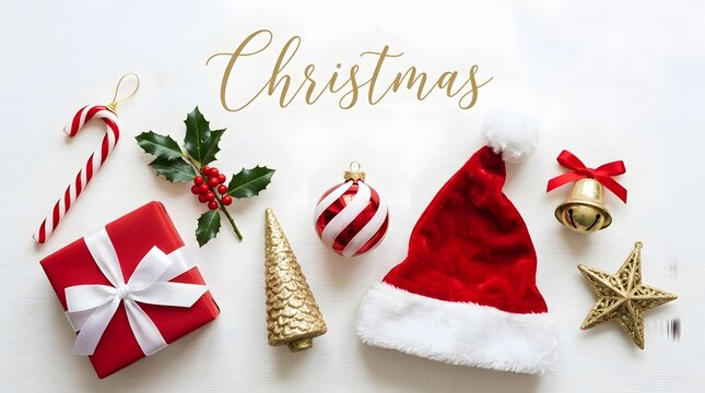 Festive christmas arrangement with gifts holly bell and santa hat flat lay