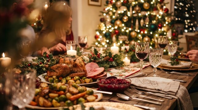 Festive table setting with abundant food and blurred christmas tree lights