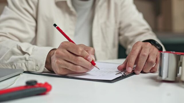 Man writes notes with red pen on clipboard