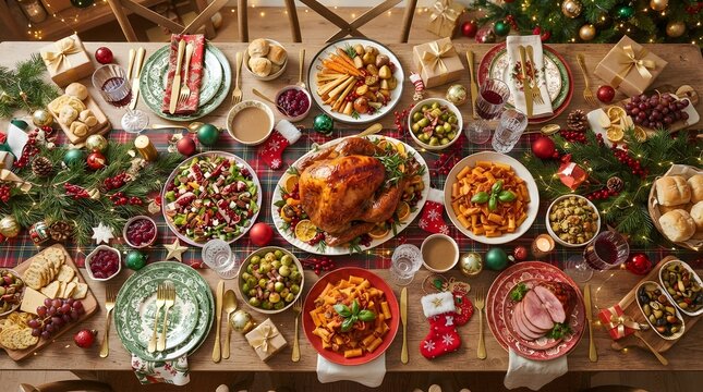 Festive holiday feast overhead view with roasted turkey and traditional dishes