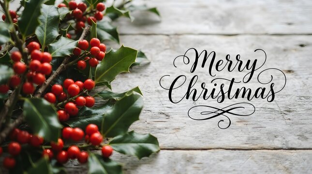 Festive christmas background with holly berries and elegant calligraphy greeting