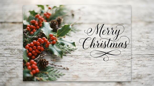 Festive christmas greeting with winter berries and calligraphy on weathered wood