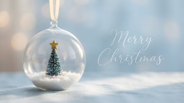 Festive winter scene inside a glass snow globe with a miniature christmas tree