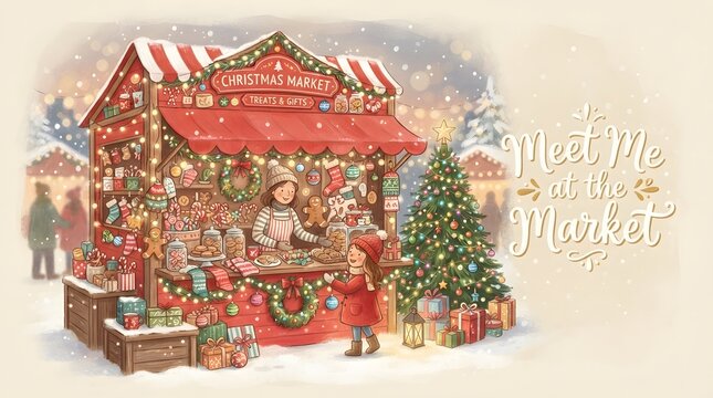 Charming vintage christmas card illustration of a cozy festive winter cottage scene