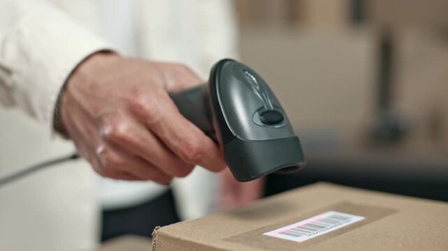 Hand holds barcode scanner steady above box