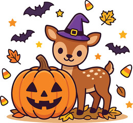 Fototapeta premium Adorable deer in a witch hat with a jack o' lantern for a spooky and cute halloween design