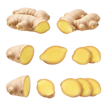 Fresh ginger root slices and whole pieces