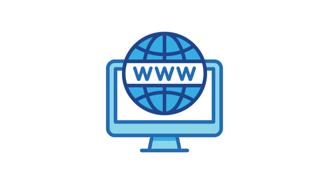Digital web globe icon displayed on a computer screen featuring vibrant blue outlines and flat graphics