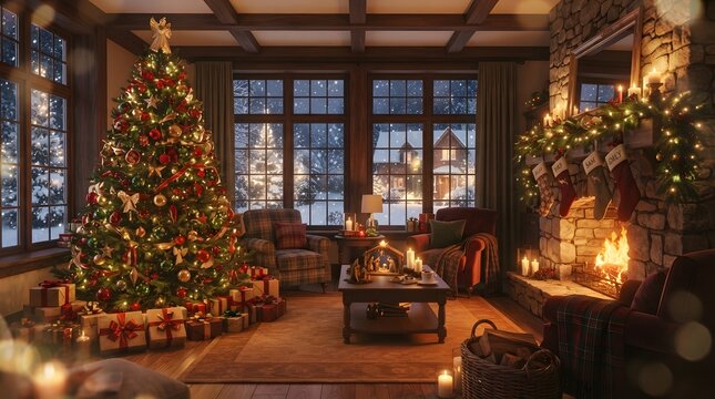 Luxurious hotel lobby decorated for christmas with a large tree and festive lighting
