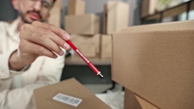 Man marks package with red pen at packing station