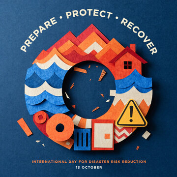 International Day for Disaster Risk Reduction concept. Paper cut art showing natural hazards like flood waves and mountains with warning sign and house. Editorial stock illustration.