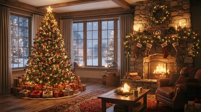 Warm cozy living room with a decorated christmas tree and a crackling fireplace