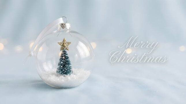 Festive winter scene inside a clear glass ornament with a miniature christmas tree