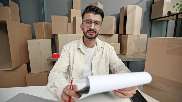 Man sits at desk holding papers and pen