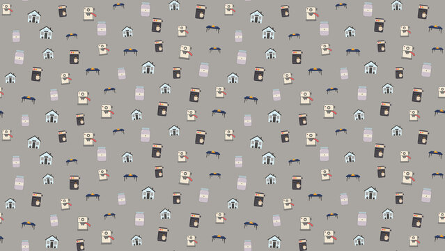 Seamless pattern of coffee machines, houses, jars, and tables
