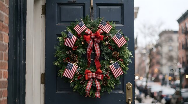 Festive holiday wreath hangs on a dark blue front door with a blurred city background