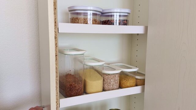 Static View of Organized Pantry Shelf with Airtight Jars of Cereals and Pasta and Canned Food, Tall Kitchen Cabinet, Clean Home Storage Concept for Interior Ads