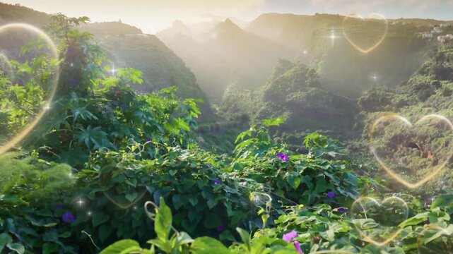 Glowing heart shapes float over a lush green mountain valley at sunrise with sparkling lights with landscape filled greenery video scenic mountain heart symbols environment atmosphere brilliant