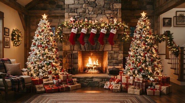 Festive christmas scene with decorated trees and a warm fireplace in a cozy home