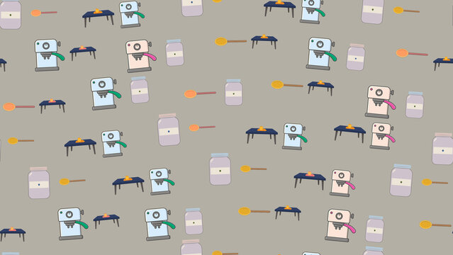 Seamless pattern of coffee makers, jars, spoons, and tables