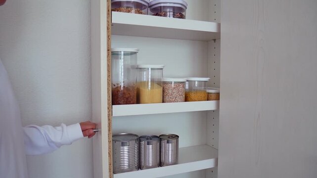 Woman Opening Tall Kitchen Pantry Cabinet Door Revealing Organized Shelves with Storage Jars and Canned Food, Home Organization Concept for Decluttering Ads