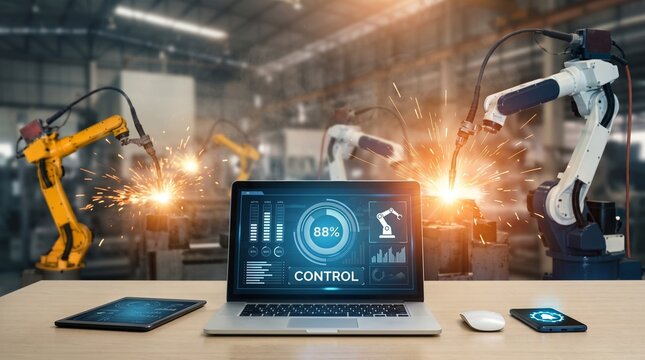 Industrial robotic arms welding in smart factory, automated production line control interface on laptop, futuristic manufacturing technology concept