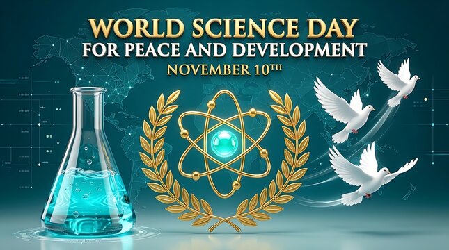 World Science Day celebration banner with laboratory flask atom and white doves
