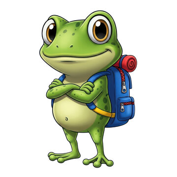 Cartoon frog with backpack cheerful