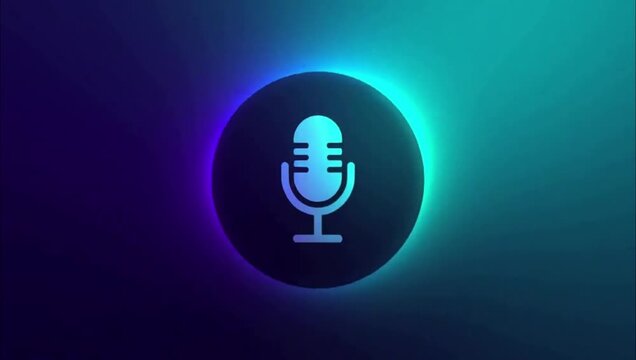 Glowing microphone icon on a dark blue and teal gradient background.