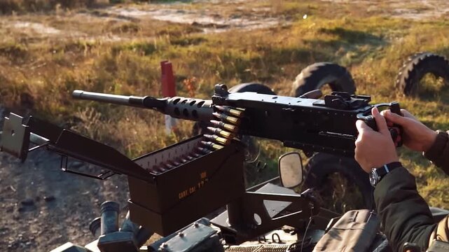 Hands operating belt-fed mounted machine gun on vehicle in sunlit outdoor range, open ammo box and linked brass cartridges feeding into receiver
