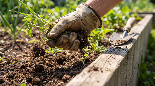 Hand pulling weeds in community garden during workday  