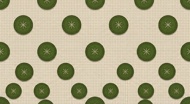Green stitched circle pattern on burlap texture