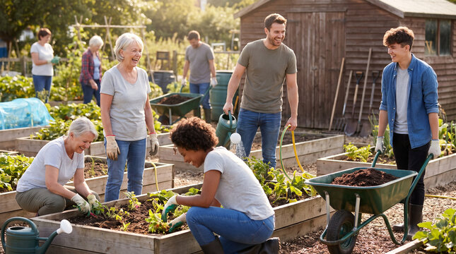 Diverse group of people gardening together during a community workday  