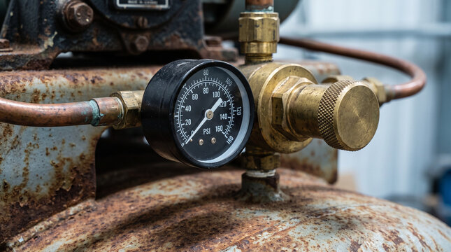 Industrial reciprocating compressor with pressure gauge and valves  