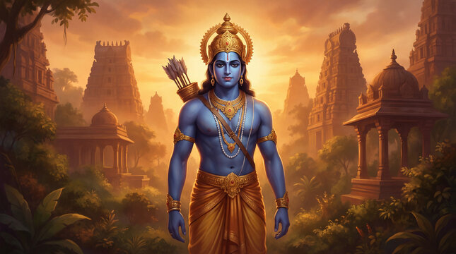 A depiction of Lord Rama with a quiver of arrows, standing amidst lush greenery and intricate temples, bathed in the warm glow of sunset.
