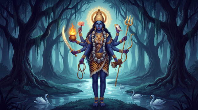 A divine depiction of the Hindu goddess Kali, multi-armed and adorned with skulls, stands in a dark, mystical forest by a tranquil river.
