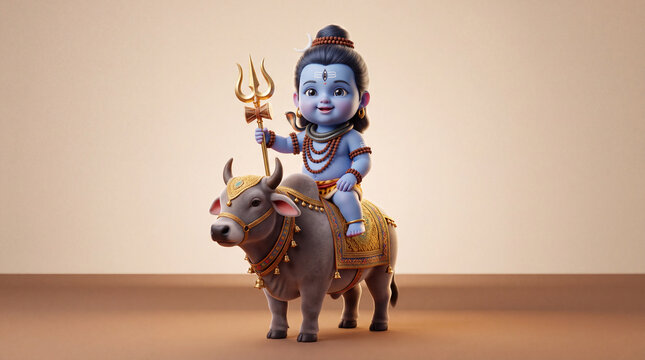 A charming 3D illustration depicts baby Shiva, adorned with traditional blue skin and jewelry, joyfully riding his bull vahana, Nandi, holding a trident.
