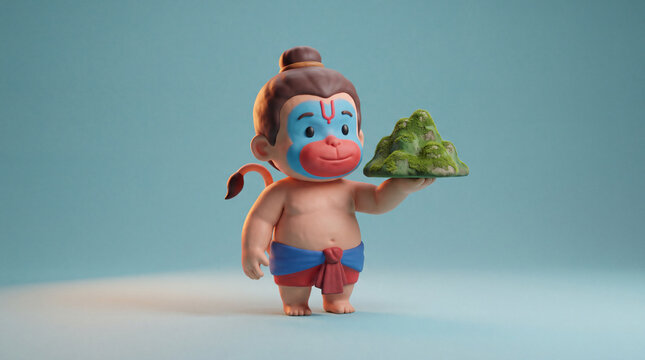 A stylized 3D cartoon character of Hanuman, the Hindu deity, holds a miniature moss-covered mountain.