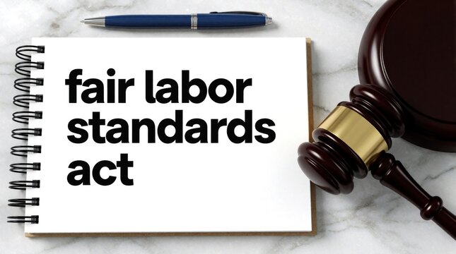 Fair Labor Standards Act text on notebook with wooden judge gavel, blue pen on marble desk. Legal concept for wage laws, overtime pay, minimum salary rules, employment rights protection in court