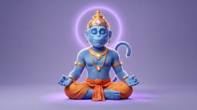 A 3D animated blue monkey deity, adorned in gold jewelry and an orange dhoti, meditates serenely in the lotus position, radiating spiritual energy.