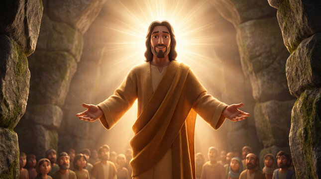 A radiant figure of Jesus Christ stands with open arms, bathed in divine light, addressing a crowd of devoted followers in a cavern.