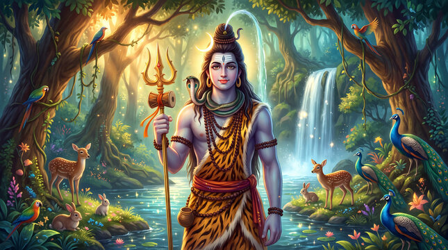 Digital painting of Lord Shiva standing in a tranquil forest with a waterfall, deers, rabbits, parrots and peacocks.