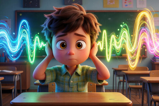 Autistic boy covers ears in classroom to block loud noise. Colorful sound waves visualize auditory sensory overload from loud environment. Little child feels stress, sensory meltdown due to