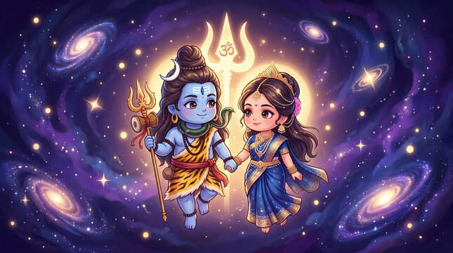 Adorable cartoon depiction of Hindu deities Lord Shiva and Goddess Parvati holding hands, set against a vibrant galaxy background with nebulae and stars.