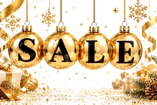 Golden christmas ornaments spell out the word sale surrounded by festive decorations and glittering confetti baubles spheres globes seasonal holiday celebration