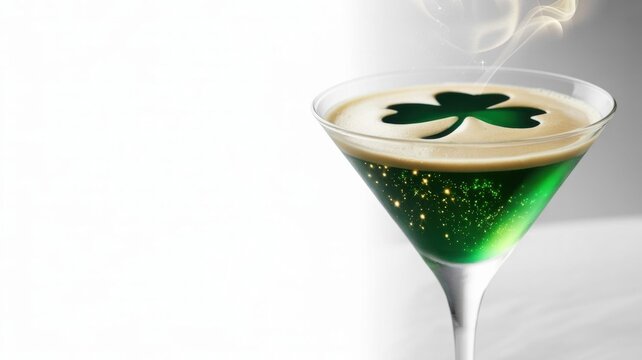 An emerald‑green festive cocktail in a martini glass, decorated with a white foam in the shape of a clover trefoil and three coffee beans on a clean white background with space for text.