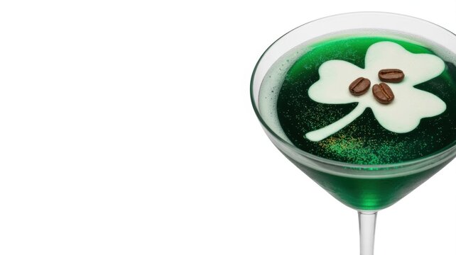 An emerald‑green festive cocktail in a martini glass, decorated with a white foam in the shape of a clover trefoil and three coffee beans on a clean white background with space for text.