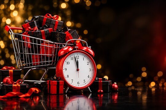 A red alarm clock rests amongst gift boxes and a shopping cart creating a festive holiday scene time gifts presents retail