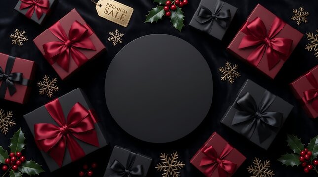 Wrapped gifts and holly sprigs surround a dark cylindrical pedestal on a black surface present package ribbon bows berries leaves cylinder